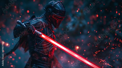  An unidentified warrior with a red lightsaber, a fierce warrior in dark, futuristic armor, the red lightsaber glowing intensely, standing in a battle stance on a night-time battlefield with sparks photo