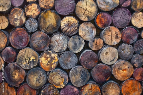 A close-up view of a pile of wood. Perfect for backgrounds or textures