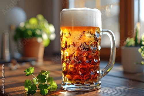 Refreshing Beer Mug with Frothy Head on Wooden Table in Sunlit Room - Oktoberfest Theme, Perfect for Beverage Advertisements and Designs photo
