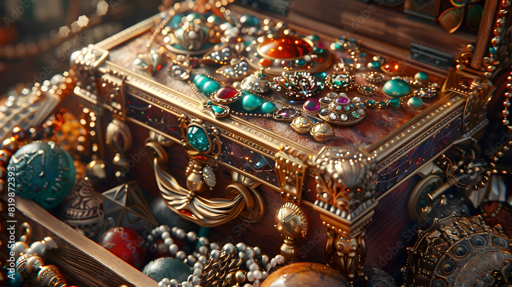A gold chest filled with various colored beads and jewels