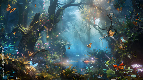A forest scene with many butterflies and a few birds