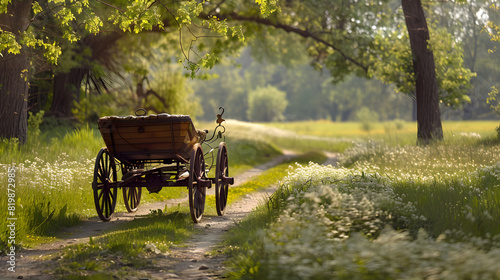 A wooden wagon is parked on a dirt road in a field photo