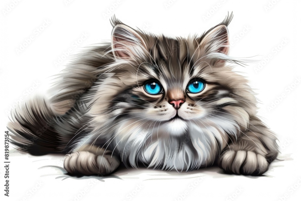 A drawing of a fluffy cat with striking blue eyes, suitable for various design projects