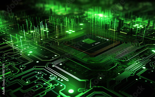 Circuit board with green light. Technology background.