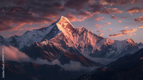 A mountain range with a large peak in the background and a cloudy sky