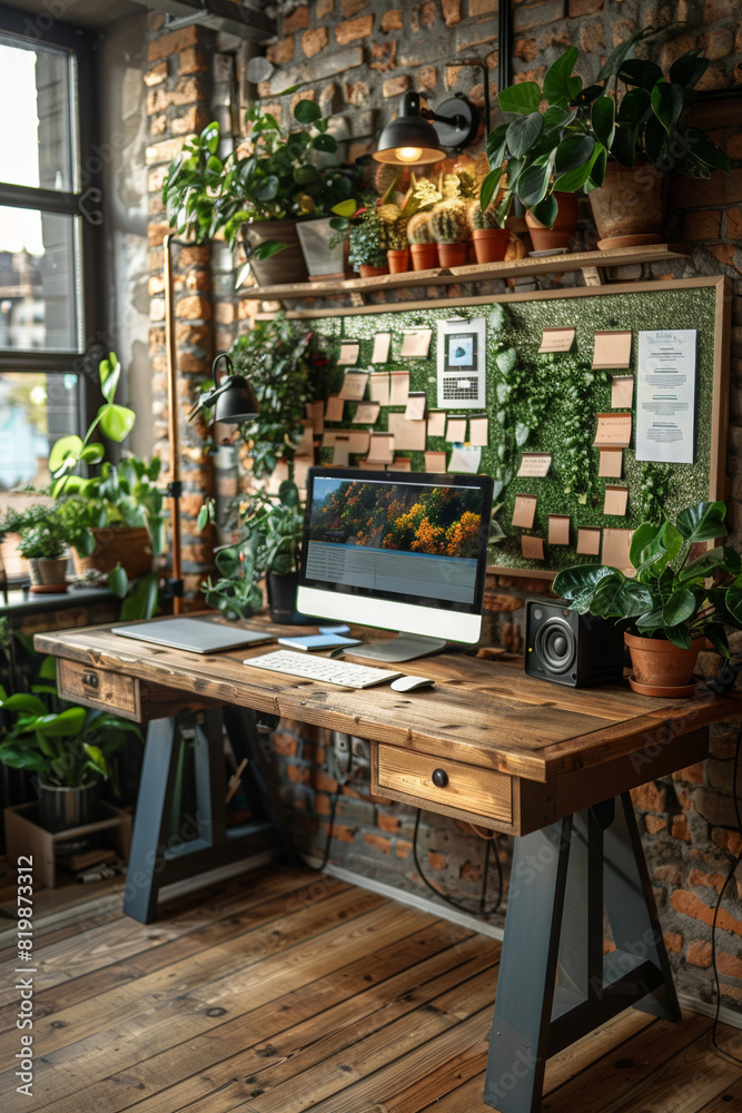 Modern designer workplace with brick wall, laptop on wooden desk, and greenery decor.