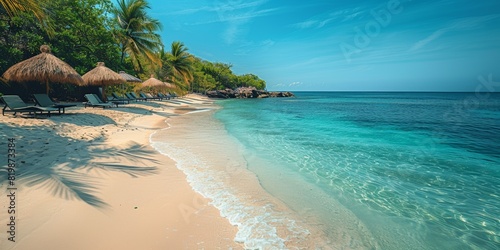 A tranquil shore with palm-fringed beaches and turquoise waters epitomizes tropical relaxation.