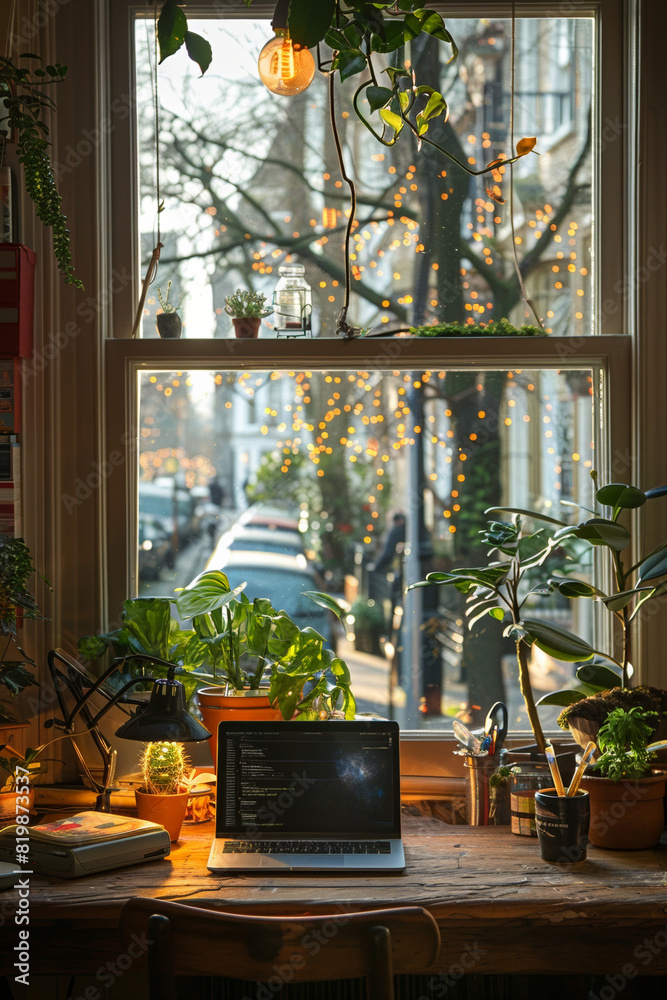 A cozy home workplace with a bright window, adorned with potted plants, offering a refreshing atmosphere. A cozy home workplace with a bright window, adorned with potted plants, offering a refreshing atmosphere.