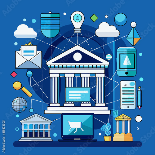 Museum technology and digital curation concept. Low poly wireframe vector illustration on technological blue background.