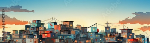 shantytown rooftops with money cascading down flat design side view skyline savings theme 3D render vivid photo