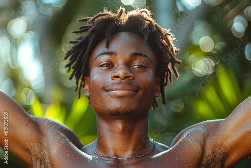 A cheerful, shirtless African man with dreadlocks in a jungle setting, exuding confidence and allure.