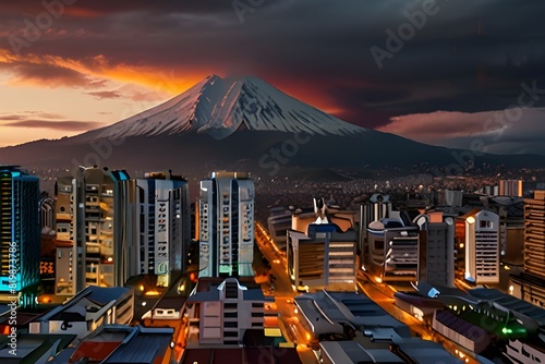 A breathtaking aerial view of Quito, Ecuador, nestled in the Andes mountains. The South American landscape showcases the iconic Cotopaxi volcano and vibrant streets. Generative AI 
