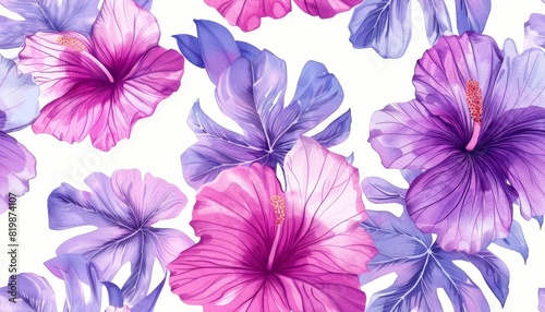 Vibrant Purple Hibiscus and Tropical Leaves Pattern..