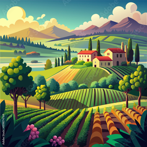 Lush vineyard landscapes under a bright summer sky for culinary, wine, or lifestyle themes.1