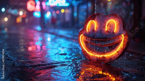 A neon smiley face on a street in the rain, AI photo