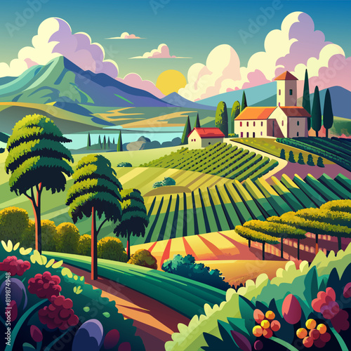 Lush vineyard landscapes under a bright summer sky for culinary, wine, or lifestyle themes.