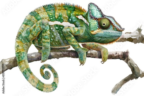 A colorful chameleon perched on a tree branch. Ideal for nature and wildlife themes