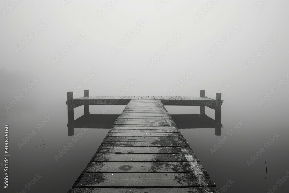 Fototapeta premium A serene dock on a misty lake. Perfect for nature and relaxation concepts