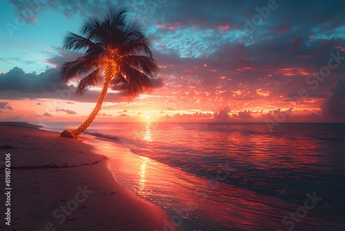 Tropical Beach Sunset with Palm Tree Illumination - Perfect for Summer Vacation and Travel Themed Designs