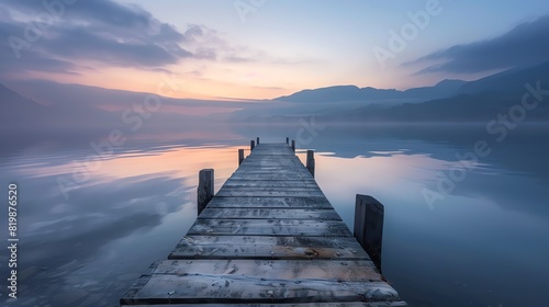 A wooden dock juts out into a calm lake  surrounded by misty mountains. The sky is a clear blue with hazy clouds.