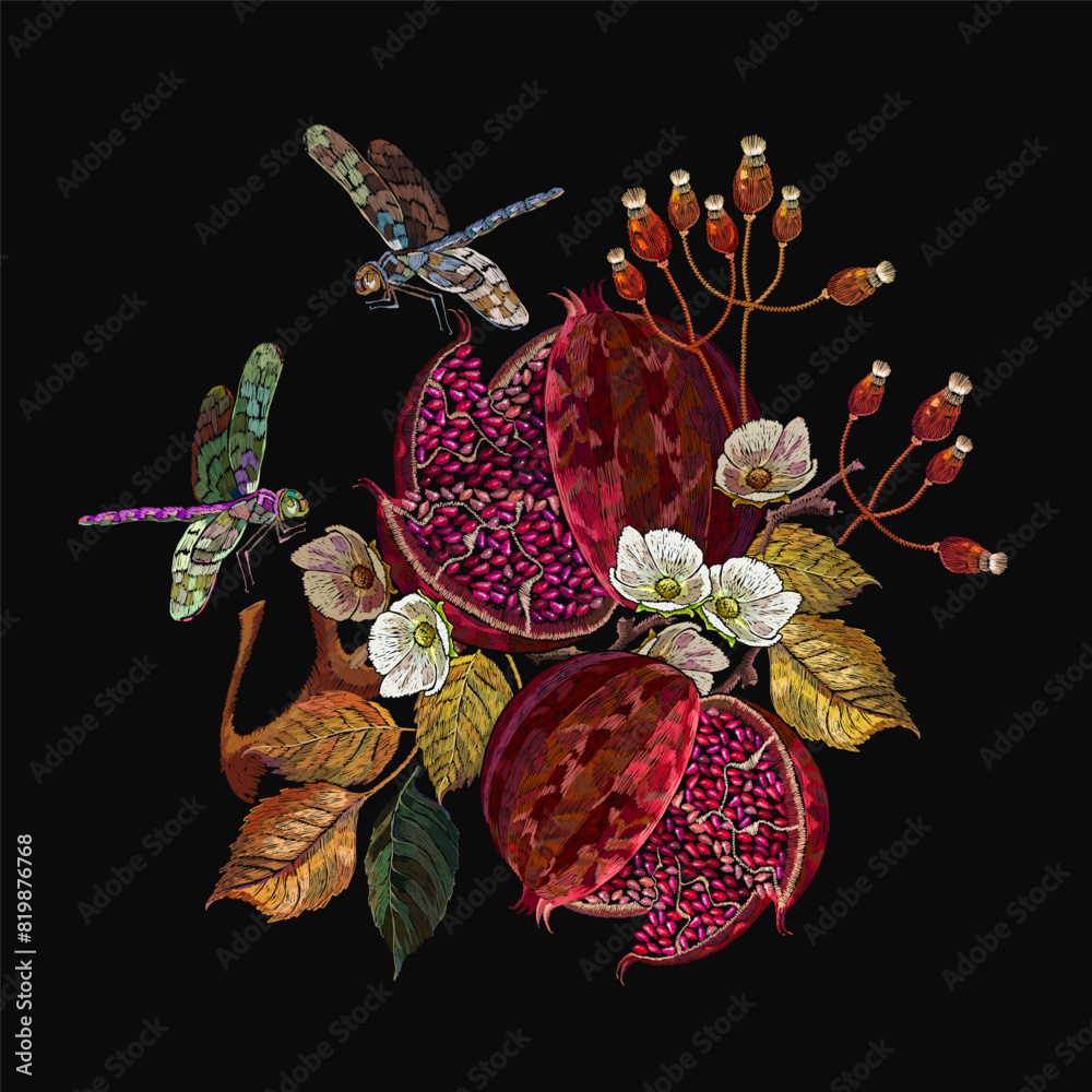 Ripened red pomegranate, dragonflies, autumn leaves and white flowers. Embroidery style. Fall garden art. Fashion template for design, textile