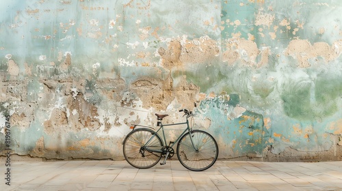 A bicycle rests against a colorful wall. The bike is black with a brown seat. The wall is painted in various shades of blue and green.