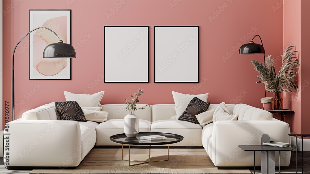 Frame mockup, ISO A paper size, modern living room with Pink walls, black floor lamp and coffee table. Generative AI