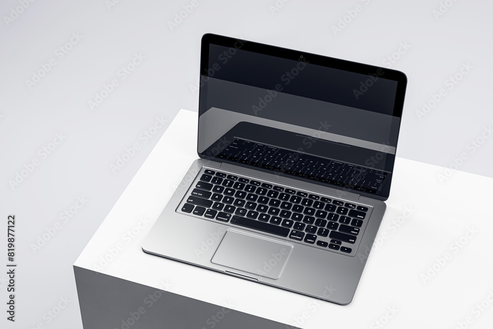 Sophisticated laptop on a white podium with a dark screen, set in a minimalist environment, ideal for tech presentations. 3D Render Sophisticated laptop on a white podium with a dark screen, set in a minimalist environment, ideal for tech presentations. 3D Render