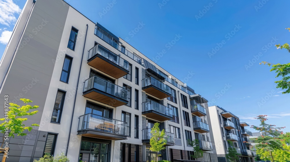 Modern residential block of apartment buildings with facade of flat buildings against blue clear sky. Urban real estate and complex of buildings for people, Concept of housing renovation,Copy space
