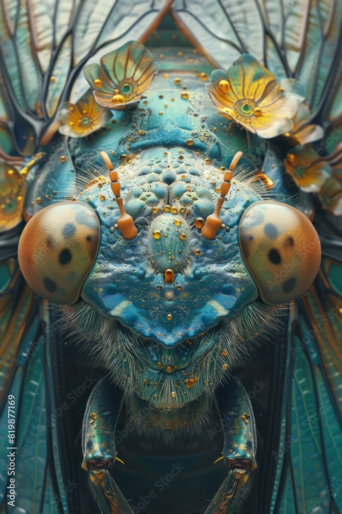 Fototapeta premium A close up of a blue and gold insect with many eyes, AI