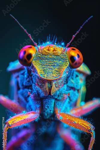 A close up of a bug with bright colors and big eyes, AI