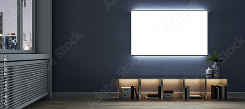 фотографія Chic urban living room with a blank wall-mounted TV, minimalist cabinetry, and elegant decorative items