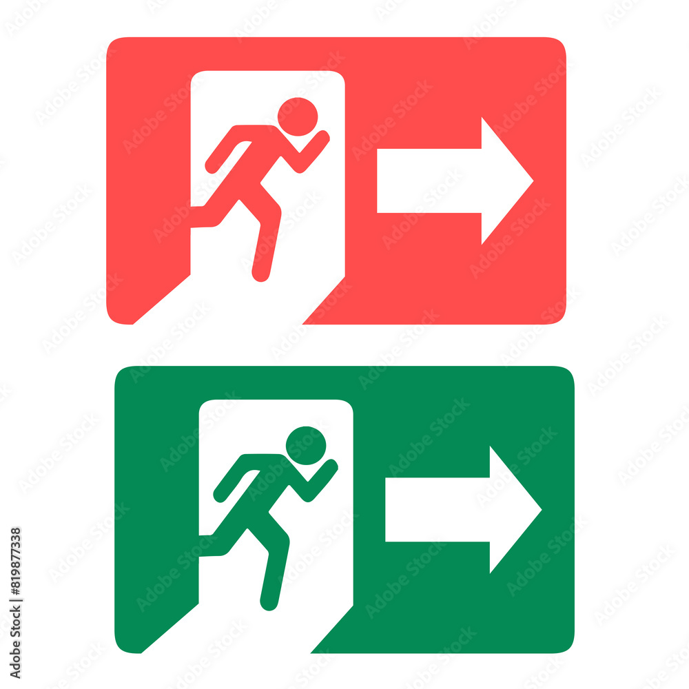 Emergency exit sign Green and red label. fondo isolato e trasparente