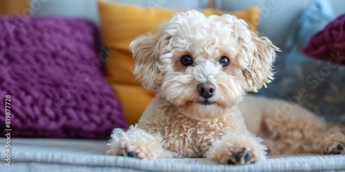 Adorable Toy Poodle relaxing on a couch renowned for its affectionate nature and cuddliness. Concept Toy Poodle Breeds, Affectionate Pets, Cuddly Companions, Relaxing Couch Scene, Joyful Canines