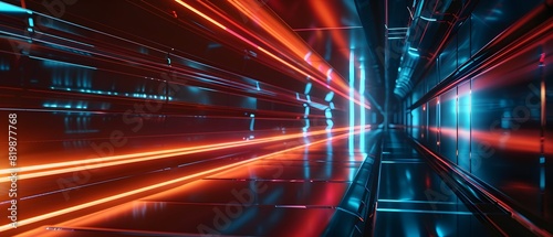 Vibrant Futuristic Corridor with Dazzling Luminous Beams and Blurred Motion photo