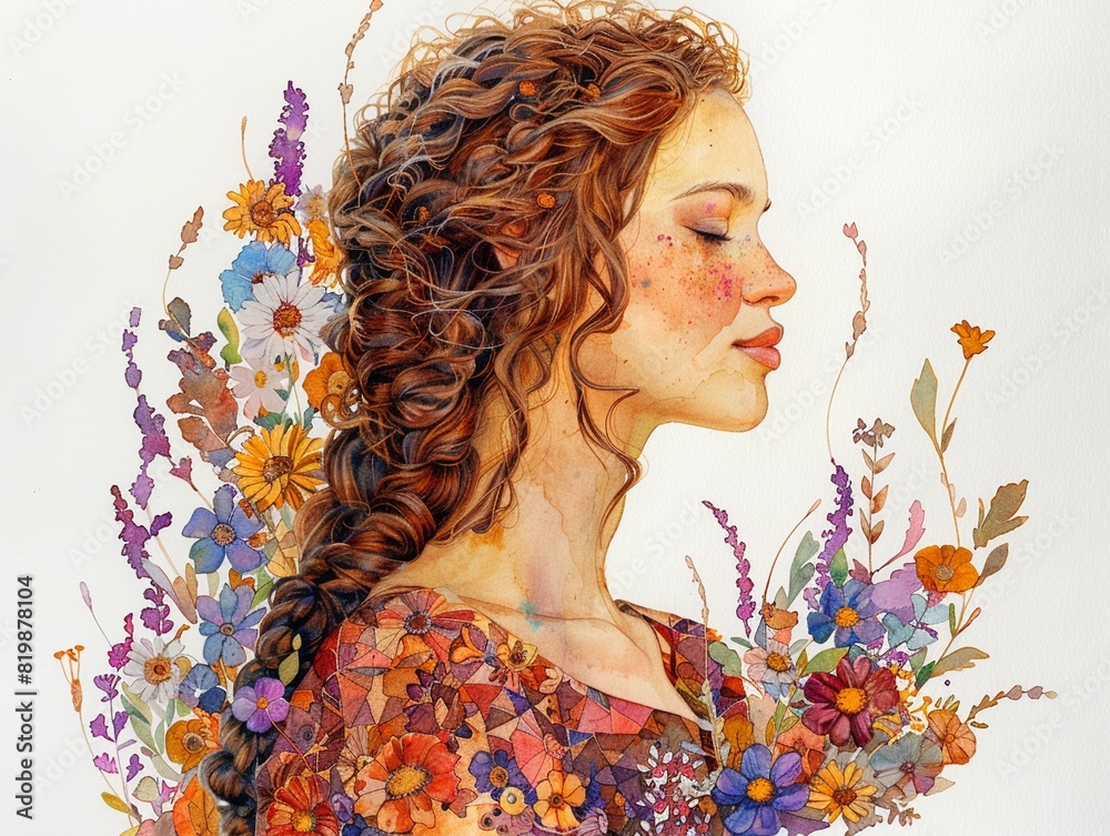 Fototapeta premium A charming woman with braided brown and gold hair, dressed in a bohemian dress with vibrant floral designs, on a white background, Watercolor, Light hues, Delicate details