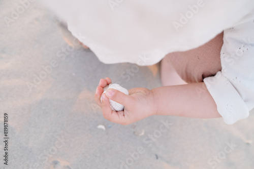 Small Child holding seashells on the beach in Sunset light photographed with shallow depth of field.
