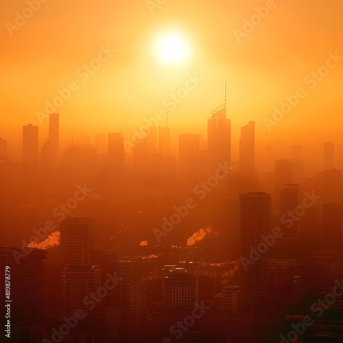 Sweltering Heatwave Affecting Vibrant Urban Skyline with High-Rise Buildings and Hazy Atmospheric Conditions