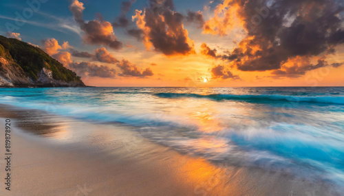Sunset over tropical island beach with motion blurred sea waves
