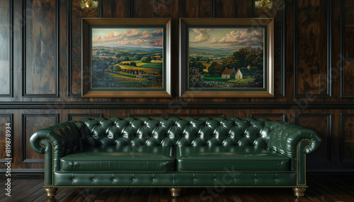 Classic English drawing room with a hunter green leather sofa and two horizontal poster frames, each displaying traditional English countryside scenes, on a dark wood-paneled wall. © art design