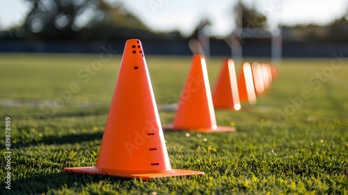 Bright Orange Cones for Football Training and Agility Exercises on Grassy Field