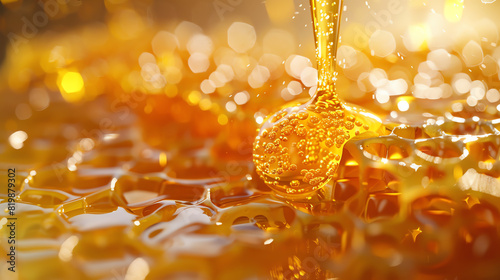 Golden honey dripping from honeycomb in slow motion photo