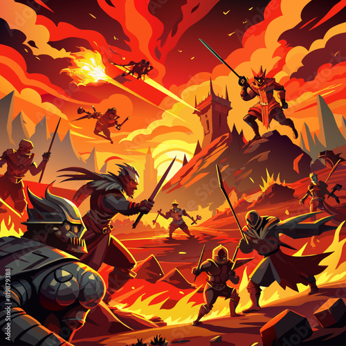 Intense battle scenes with fiery explosions in saturated reds and oranges for historical or fantasy war backgrounds.