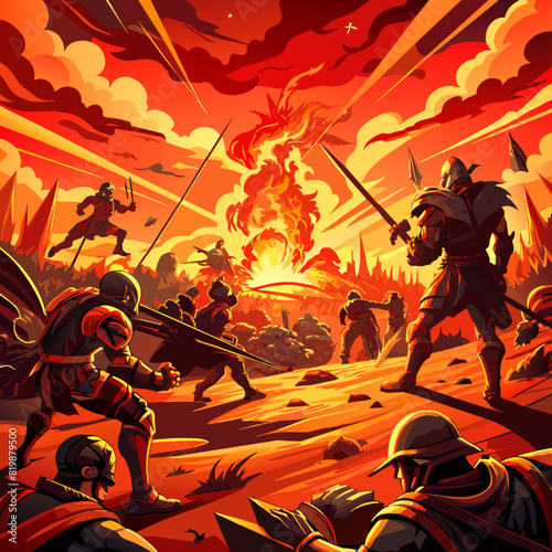 Intense battle scenes with fiery explosions in saturated reds and oranges for historical or fantasy war backgrounds.1