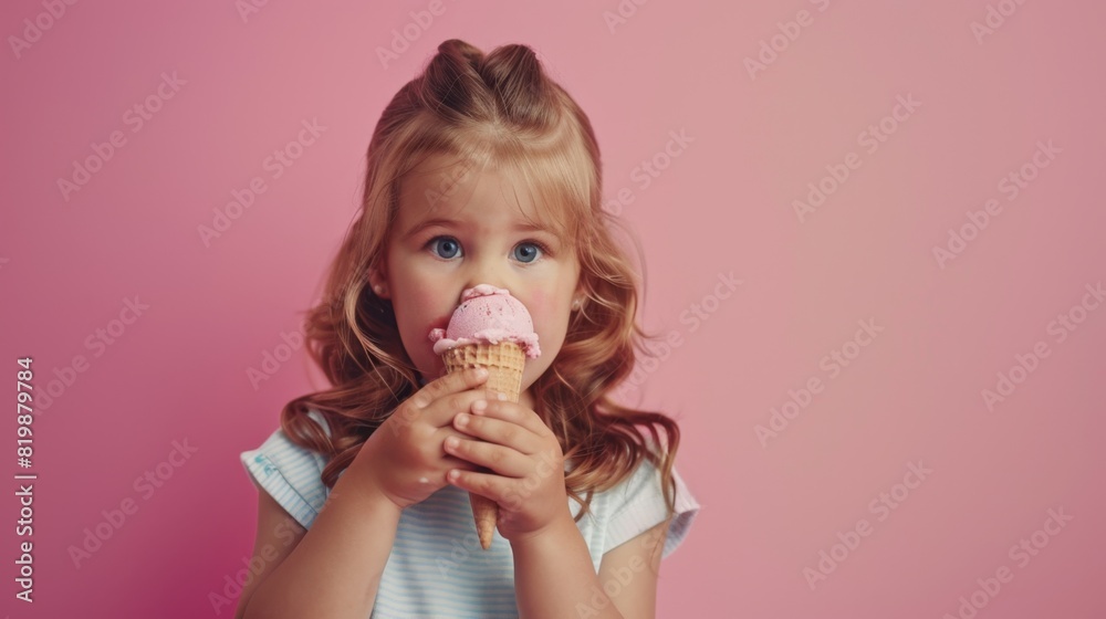 Little girl eating ice cream cone sweet cold snack dessert copy space pink background Little girl eating ice cream cone sweet cold snack dessert copy space pink background