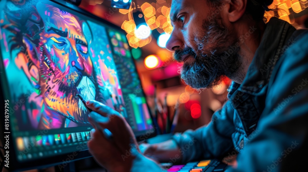 Obraz premium Digital artist creating a masterpiece on a graphic tablet, showcasing the blend of art and technology.