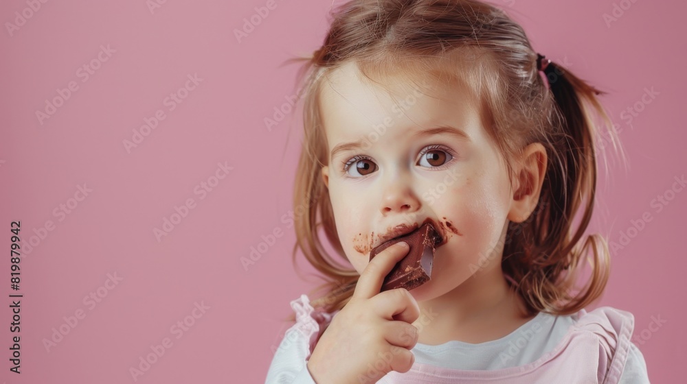 Little girl eating chocolate with white dress pink background Little girl eating chocolate with white dress pink background