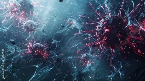 A futuristic visualization of potential mutations of the X virus, depicting various forms and adaptations for transmission. 32K. photo