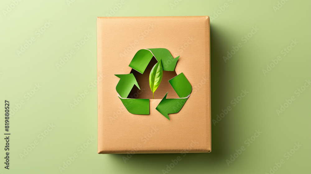 Recycle icon and green leaf on cardboard box packaging Recycle icon and green leaf on cardboard box packaging