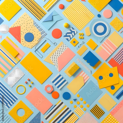 AI Generate of Background texture of Fashion Papers in Memphis Geometry Style. Yellow, blue, light blue, red and pastel pink colors. Top view, flat lay.